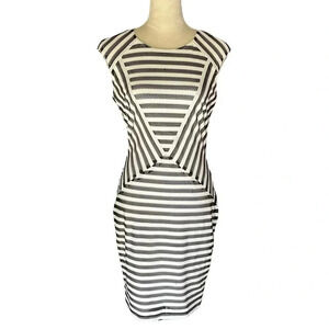 Cache‎ Sexy Bodycon Black Mesh White Stripes Midi Dress Women Size 4